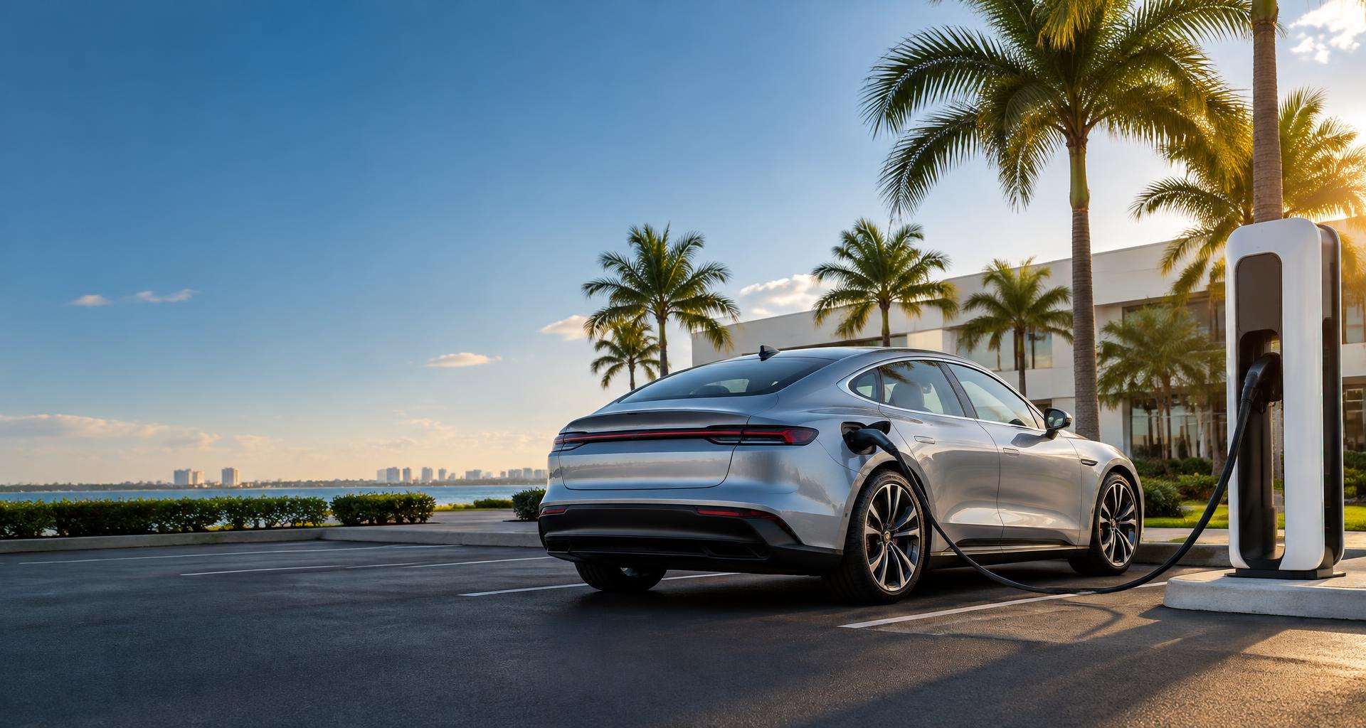 Electric sedan plugged into a white EV charger at a sunny South Florida parking area
